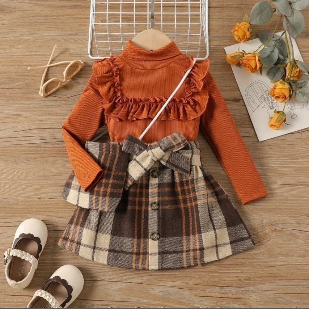 3PCS Toddler Girl Grid/Houndstooth Avant-Garde Ruffle Edge Sets Brown